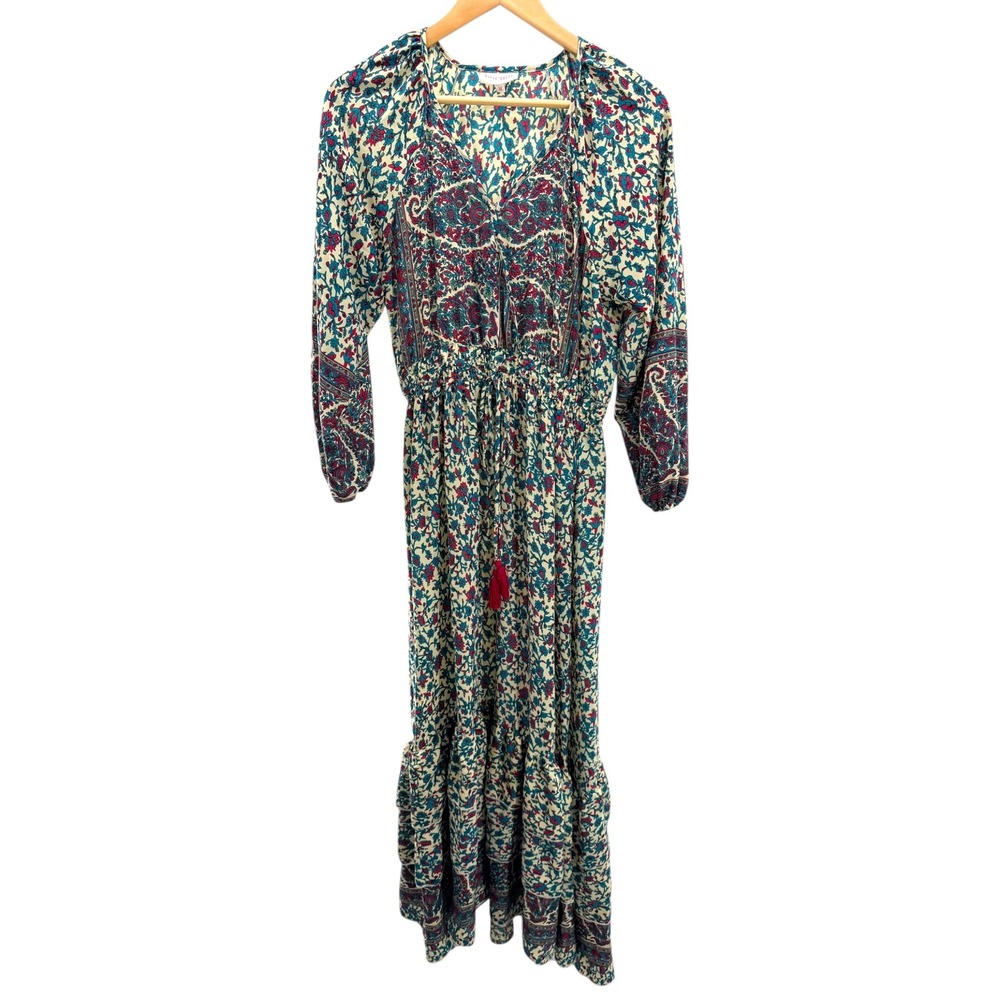 Boemo Floral Paisley Boho Maxi Dress M Tiered Ruffle Tassel Cottagecore Peasant